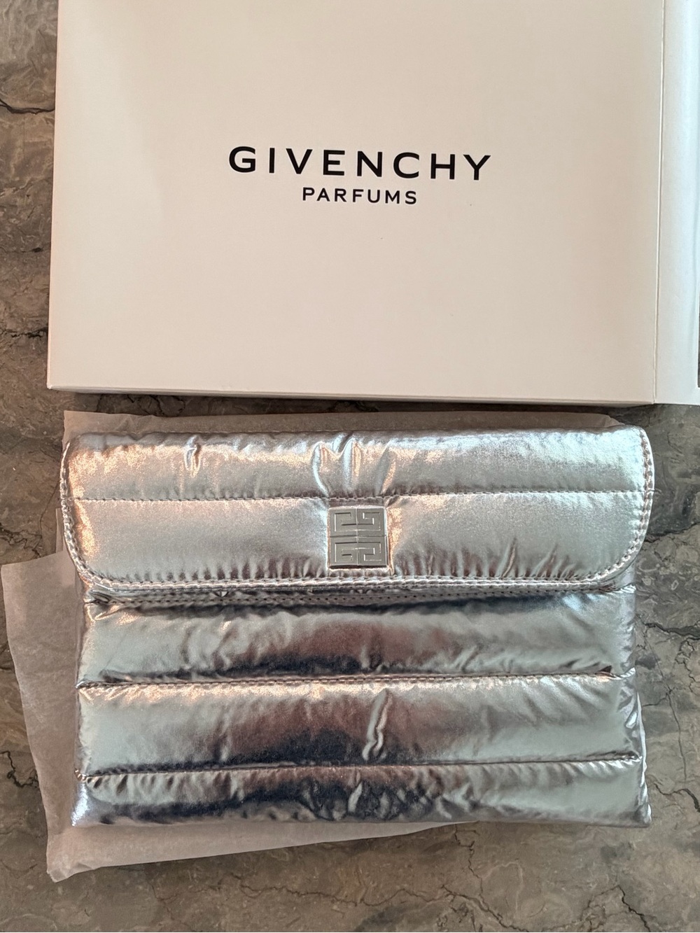 Givenchy Parfums silver metallic quilted puffer pouch